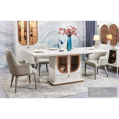 ชุดโต๊ะอาหารหรูหราสง่างามพร้อมเก้าอี้ 6 ที่นั่ง เฟอร์นิเจอร์บ้านเก็บของสีขาว ชุดห้องอาหารไม้ขนาดใหญ่ทันสมัยครบชุด