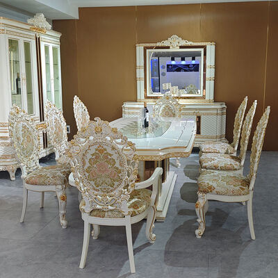 โต๊ะรับประทานอาหารไม้หรูหราแบบยุโรป ชุด 8 ที่นั่ง เก้าอี้บ้าน เฟอร์นิเจอร์ ห้องรับประทานอาหาร โต๊ะรับประทานอาหารไม้คลาสสิกขนาดใหญ่
