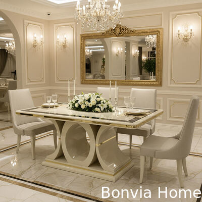 ชุดโต๊ะทานอาหารไม้หรูสีขาวพร้อมเก้าอี้ 6 ที่นั่ง เฟอร์นิเจอร์บ้าน โต๊ะทานอาหารพร้อมตู้ข้างตู้เก็บไวน์