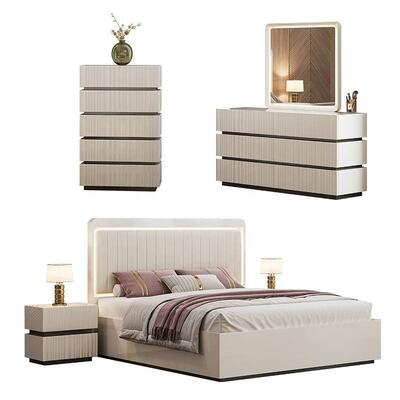 โมเดิร์นหรูหราKingขนาดชุดห้องนอนเตียงคู่LED HeadboardโรงแรมHome Master Roomไม้ชุดเฟอร์นิเจอร์ห้องนอน