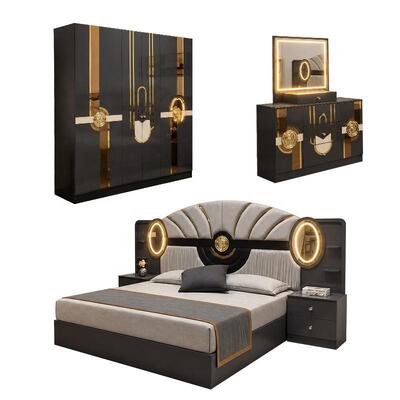 Turkish Royal Luxury Complete Bedroom Sets King Size Bedroom Suite Headboard Lighted Frame ตึกไม้ เฟอร์นิเจอร์ห้องนอนที่ทันสมัย