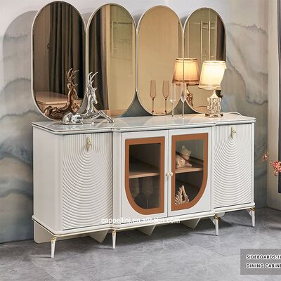 ชุดโต๊ะอาหารหรูหราสง่างามพร้อมเก้าอี้ 6 ที่นั่ง เฟอร์นิเจอร์บ้านเก็บของสีขาว ชุดห้องอาหารไม้ขนาดใหญ่ทันสมัยครบชุด