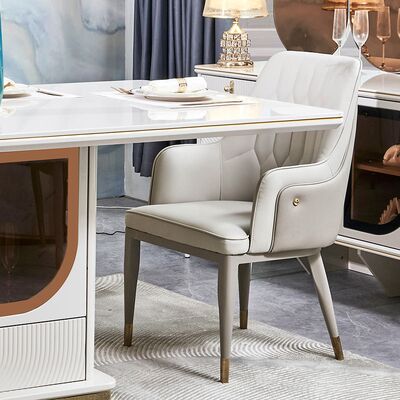 ชุดโต๊ะอาหารหรูหราสง่างามพร้อมเก้าอี้ 6 ที่นั่ง เฟอร์นิเจอร์บ้านเก็บของสีขาว ชุดห้องอาหารไม้ขนาดใหญ่ทันสมัยครบชุด