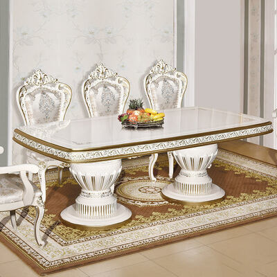 ชุดโต๊ะอาหารไม้คลาสสิกโบราณสีขาว 6 ที่นั่ง เก้าอี้ ชุดโต๊ะอาหารขนาดใหญ่สไตล์ยุโรป ไม้หรูหรา เฟอร์นิเจอร์ชุดห้องอาหาร