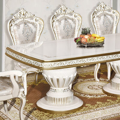 ชุดโต๊ะอาหารไม้คลาสสิกโบราณสีขาว 6 ที่นั่ง เก้าอี้ ชุดโต๊ะอาหารขนาดใหญ่สไตล์ยุโรป ไม้หรูหรา เฟอร์นิเจอร์ชุดห้องอาหาร