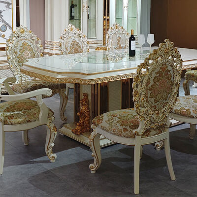 โต๊ะรับประทานอาหารไม้หรูหราแบบยุโรป ชุด 8 ที่นั่ง เก้าอี้บ้าน เฟอร์นิเจอร์ ห้องรับประทานอาหาร โต๊ะรับประทานอาหารไม้คลาสสิกขนาดใหญ่