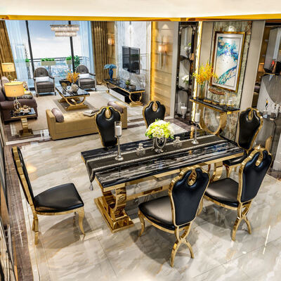 โต๊ะอาหารไม้หรูหราสไตล์ยุโรป โต๊ะอาหารโลหะหรูหราสไตล์ตุรกีพร้อมเก้าอี้ชุด 6 ที่นั่ง Furniet ชุดเก้าอี้ 8 ที่นั่ง เฟอร์นิเจอร์บ้าน ห้องอาหาร โต๊ะอาหารไม้คลาสสิกขนาดใหญ่