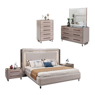 ขนาดพระ LED Headboard ห้องนอนหนังหรู กลมไม้ โมเดิร์น ห้องพักห้องนอนคู่ ครบชุดเฟอร์นิเจอร์