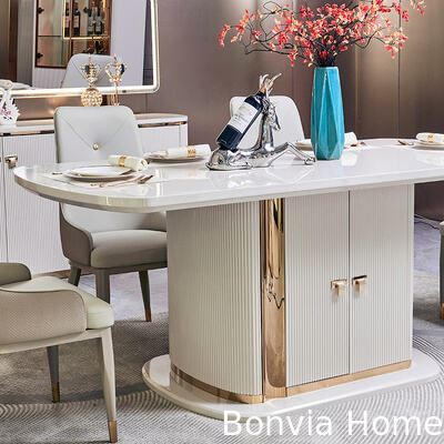 ชุดโต๊ะทานอาหารหรูหราสไตล์โมเดิร์นไม้สีขาว 6 ที่นั่ง เฟอร์นิเจอร์ครบชุด โต๊ะทานอาหารไม้ขนาดใหญ่พร้อมเก้าอี้