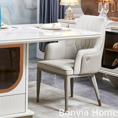 ชุดโต๊ะอาหารหรูหราสง่างามพร้อมเก้าอี้ 6 ที่นั่ง เฟอร์นิเจอร์บ้านเก็บของสีขาว ชุดห้องอาหารไม้ขนาดใหญ่ทันสมัยครบชุด