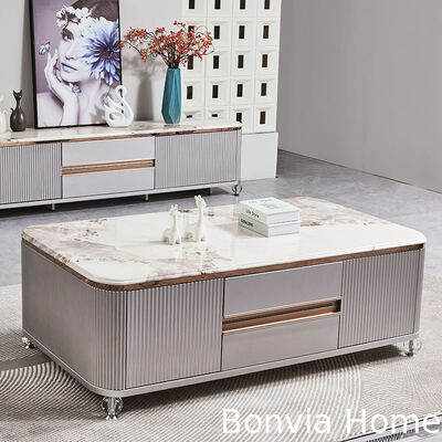 ชุดโต๊ะกลางห้องนั่งเล่นหรูหราทันสมัยทำจากไม้ เฟอร์นิเจอร์บ้าน โต๊ะวางทีวีขนาดใหญ่พร้อมที่เก็บของ หินอ่อน สเลท และชุดโต๊ะกาแฟ