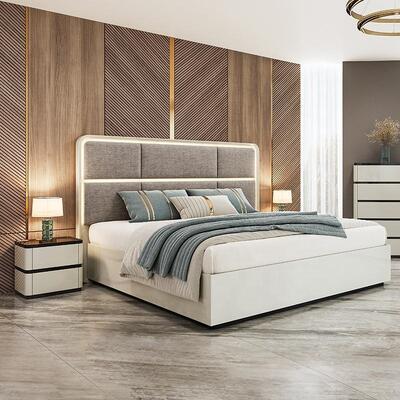 Chambre a Coucher ชุดห้องนอนหรูหราที่สมบูรณ์แบบหัวเตียงพร้อมไฟเตียงขนาดคิงไซส์โครงไม้คู่ชุดเฟอร์นิเจอร์ห้องนอนที่ทันสมัย
