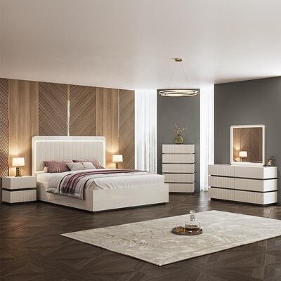 โมเดิร์นหรูหราKingขนาดชุดห้องนอนเตียงคู่LED HeadboardโรงแรมHome Master Roomไม้ชุดเฟอร์นิเจอร์ห้องนอน
