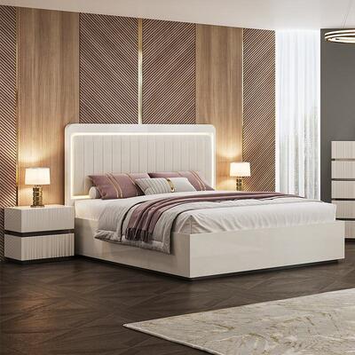 โมเดิร์นหรูหราKingขนาดชุดห้องนอนเตียงคู่LED HeadboardโรงแรมHome Master Roomไม้ชุดเฟอร์นิเจอร์ห้องนอน