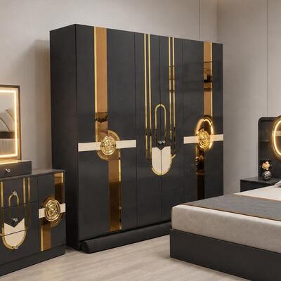 Turkish Royal Luxury Complete Bedroom Sets King Size Bedroom Suite Headboard Lighted Frame ตึกไม้ เฟอร์นิเจอร์ห้องนอนที่ทันสมัย