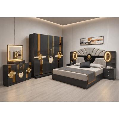 Turkish Royal Luxury Complete Bedroom Sets King Size Bedroom Suite Headboard Lighted Frame ตึกไม้ เฟอร์นิเจอร์ห้องนอนที่ทันสมัย