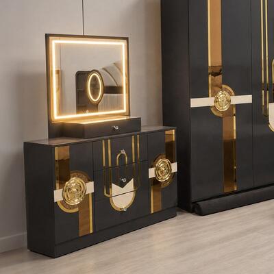 Turkish Royal Luxury Complete Bedroom Sets King Size Bedroom Suite Headboard Lighted Frame ตึกไม้ เฟอร์นิเจอร์ห้องนอนที่ทันสมัย