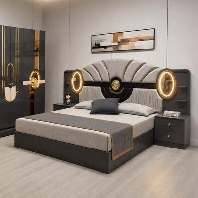 Turkish Royal Luxury Complete Bedroom Sets King Size Bedroom Suite Headboard Lighted Frame ตึกไม้ เฟอร์นิเจอร์ห้องนอนที่ทันสมัย